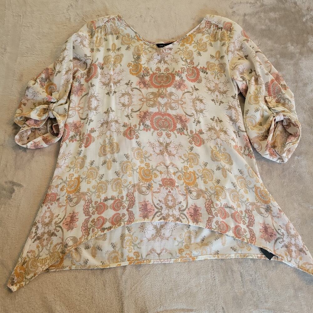 Women's Peasant Blouse Size L 3/4 Sleeve Tie Rings Paisley Floral Boho Flowy